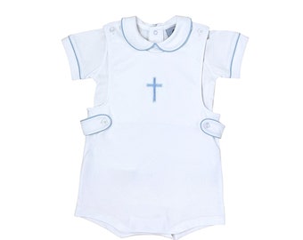 Pima Cotton Baptism Suit-Jon Jon and Matching Shirt-White with Blue Trim-Toddler Baptism Outfit-Classcial Boys Clothing-Blessing outfit