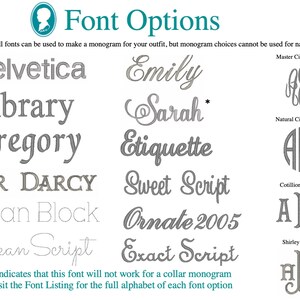 May include: A chart of different font options for monograms. The fonts are shown in gray text with examples of the font names. The chart also shows examples of different monogram styles, including Master Circle, Natural Circle, Cotillion, and Shirley.