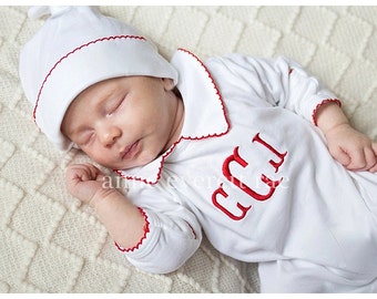 Hunters White w Red trim Footie-Coming Home Outfit-Newborn Christmas-Pima Cotton Baby-Red with White w Collared Sleeper-Pima Cotton Outfit