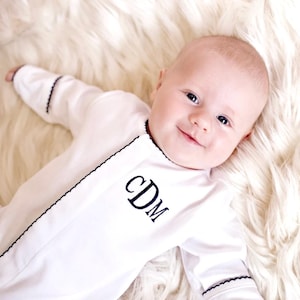 Baby Boy Coming Home Outfit-Pima Cotton Front Snap Footie-White with Navy Trim-Newborn-12m Outfit-Pima Cotton Baby-Personalized Footie-gift