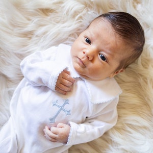 Hunter Baptism Footie-White w Blue Trim-Baptism Boy Outfit- Boy Footed Christening Outfit-Dedication Outfit-Pima Cotton Baby