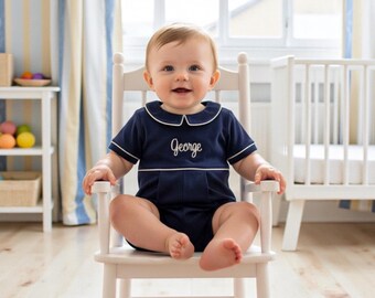 Aaron Pima Cotton Outfit- Navy With White Trim-Spring Outfit-Coming Home Outfit-Newborn Coming Home-Pima Cotton Baby-Baby Boy Clothes
