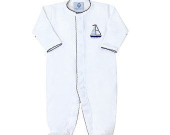 Pima Cotton Front Snap Sailboat Initial Footie-Personalized Footie-5 colors available