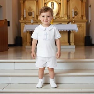 Boy Baptism Short outfit-White/Blue Piping Pima Cotton Short Set-Toddler Boy Short Outfit-Monogrammed Baptism outfits-boys short outfit