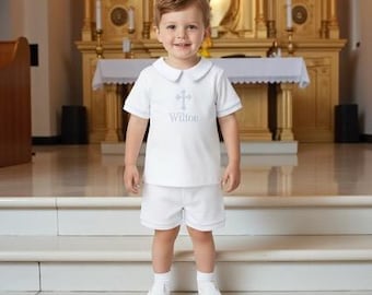 Boy Baptism Short outfit-White/Blue Piping Pima Cotton Short Set-Toddler Boy Short Outfit-Monogrammed Baptism outfits-boys short outfit