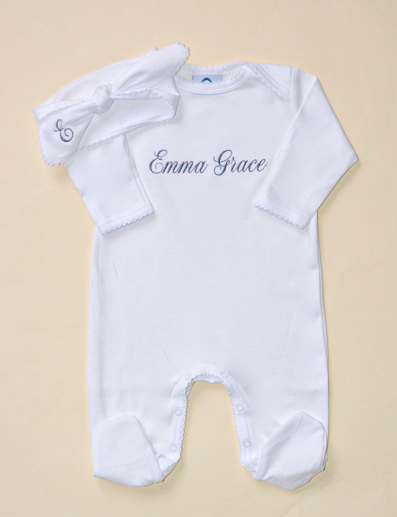 Pima Cotton Enveloped Neck Footie-White w White Trim-Baby Girl Coming Home Outfit-Baby Girl Clothes-Pima Cotton Baby-Personalized baby