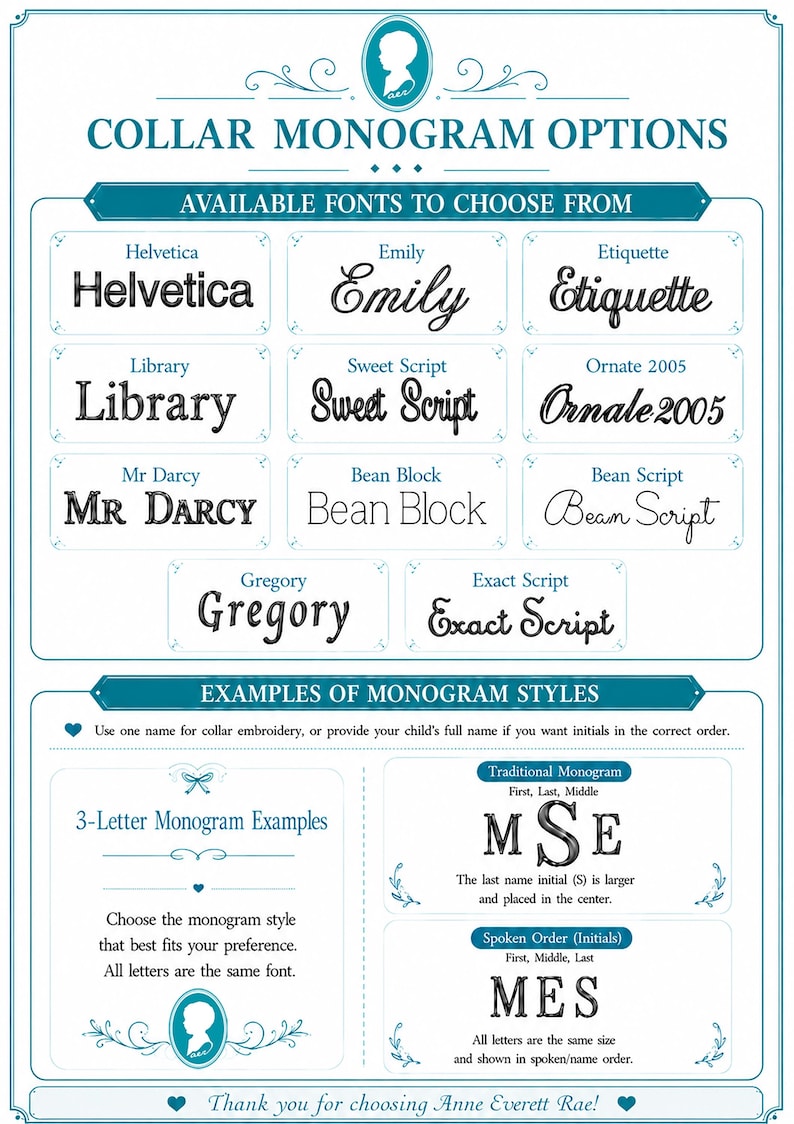 May include: A teal and white informational chart titled COLLAR MONOGRAM OPTIONS. It displays a list of available fonts including Helvetica, Emily, Etiquette, Library, Sweet Script, Ornate 2005, Mr Darcy, Bean Block, Bean Script, Gregory, and Exact Script.