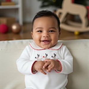 Reindeer Trio Coming Home Outfit-Newborn Coming Home Outfit-Pima Cotton Baby-Red w White w Collared Sleeper- Michael's Pima Cotton Outfit