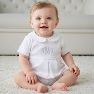 Aaron All White Pima Cotton Outfit-White W White Trim-Baby Boy Coming Home Outfit- Spring Outfit-Pima Cotton Baby-Monogrammed Romper