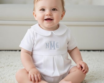 Aaron All White Pima Cotton Outfit-White W White Trim-Baby Boy Coming Home Outfit- Spring Outfit-Pima Cotton Baby-Monogrammed Romper