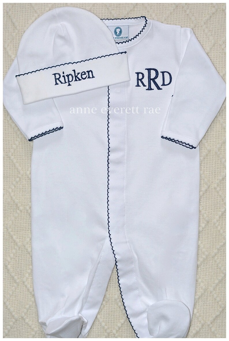 Baby Boy Coming Home Outfit-Footed Sleeper-Nathaniel's Navy Trimmed Pima Cotton Footed Sleeper-Baby Shower Gift-Newborn Pictures