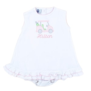 Mia's One Piece White with Pink Trim Pima Cotton Summer Dress-Golf Cart Dress-baby Girls-Toddler-Pima Cotton Baby-Monogrammed Summer Dress