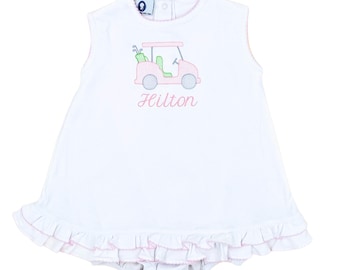 Mia's One Piece White with Pink Trim Pima Cotton Summer Dress-Golf Cart Dress-baby Girls-Toddler-Pima Cotton Baby-Monogrammed Summer Dress