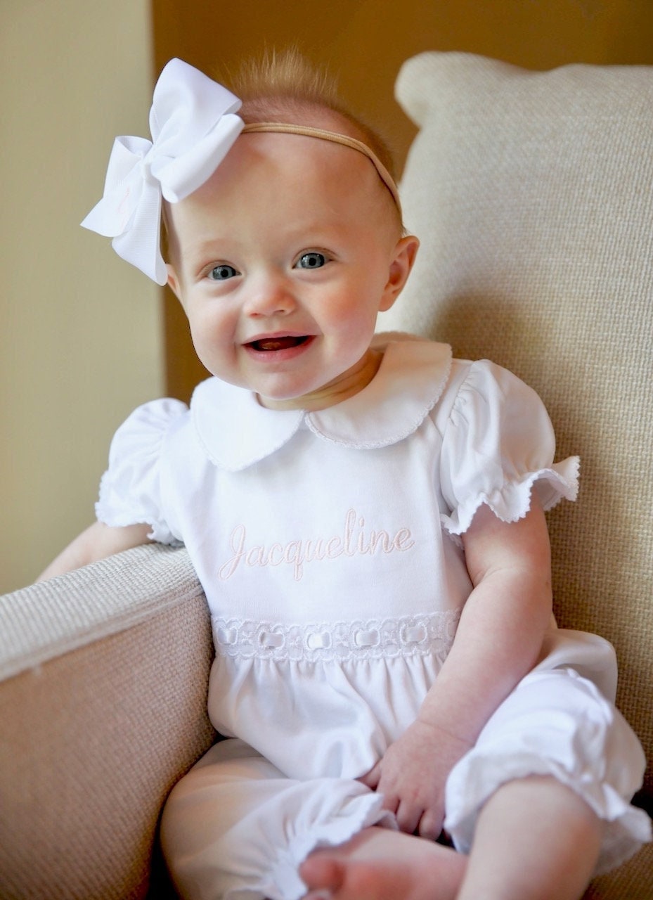 Jacqueline Pima Cotton Romper-White Baby Girl Romper-Short Sleeve, Long pants, No Feet-Monogrammed, Toddler Romper,Pima Cotton Baby