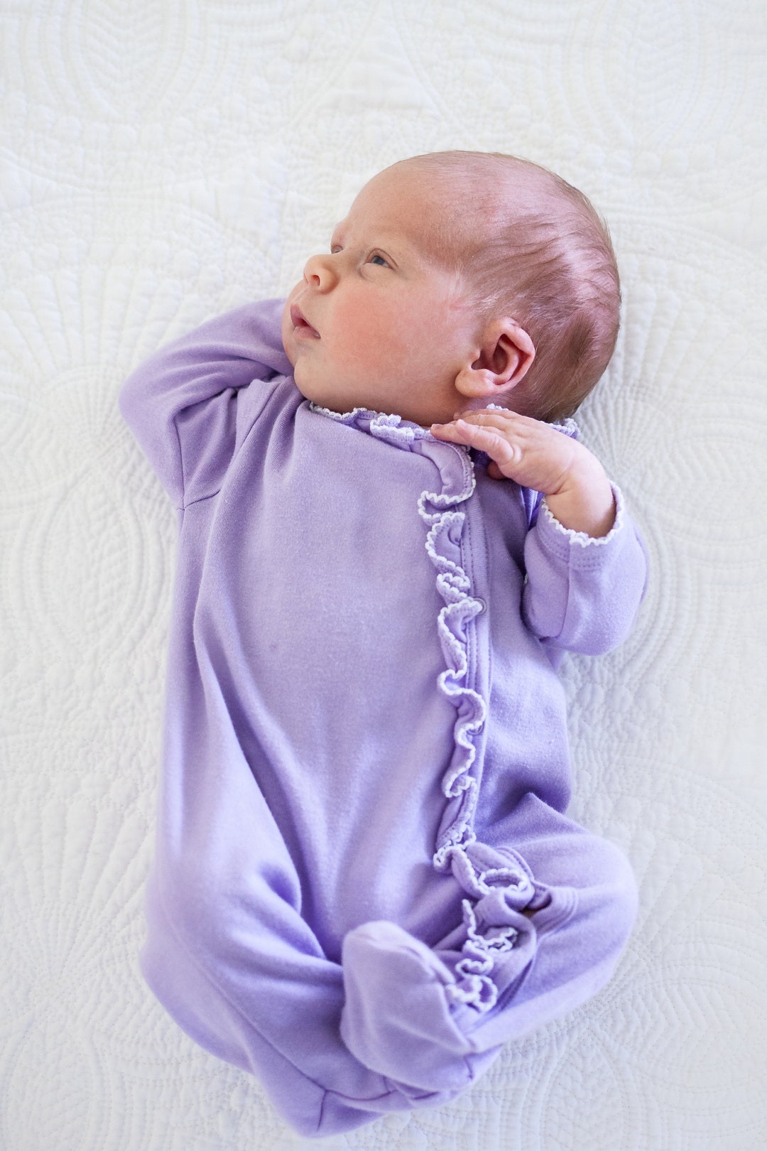 Ruffled Side Snap Pima Cotton Footielavender W White Trimbaby Girl