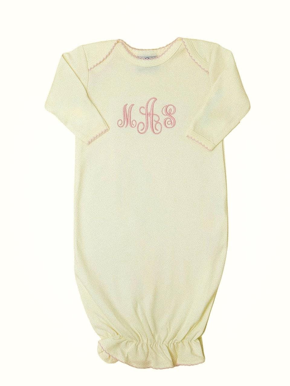 Pima Cotton Baby Gown- Pale Yellow with Pink Trim Gown-Pima Cotton baby-baby gowns-infant gowns-Baby gown w hand cover-Baby Girl gowns