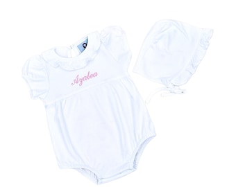 Leila Pima Cotton White Bubble and Bonnet-Coming Home Southern Baby Classic-Monogrammed Bubble,Spring Outfit,Personalized Outfit,Baby Bonnet