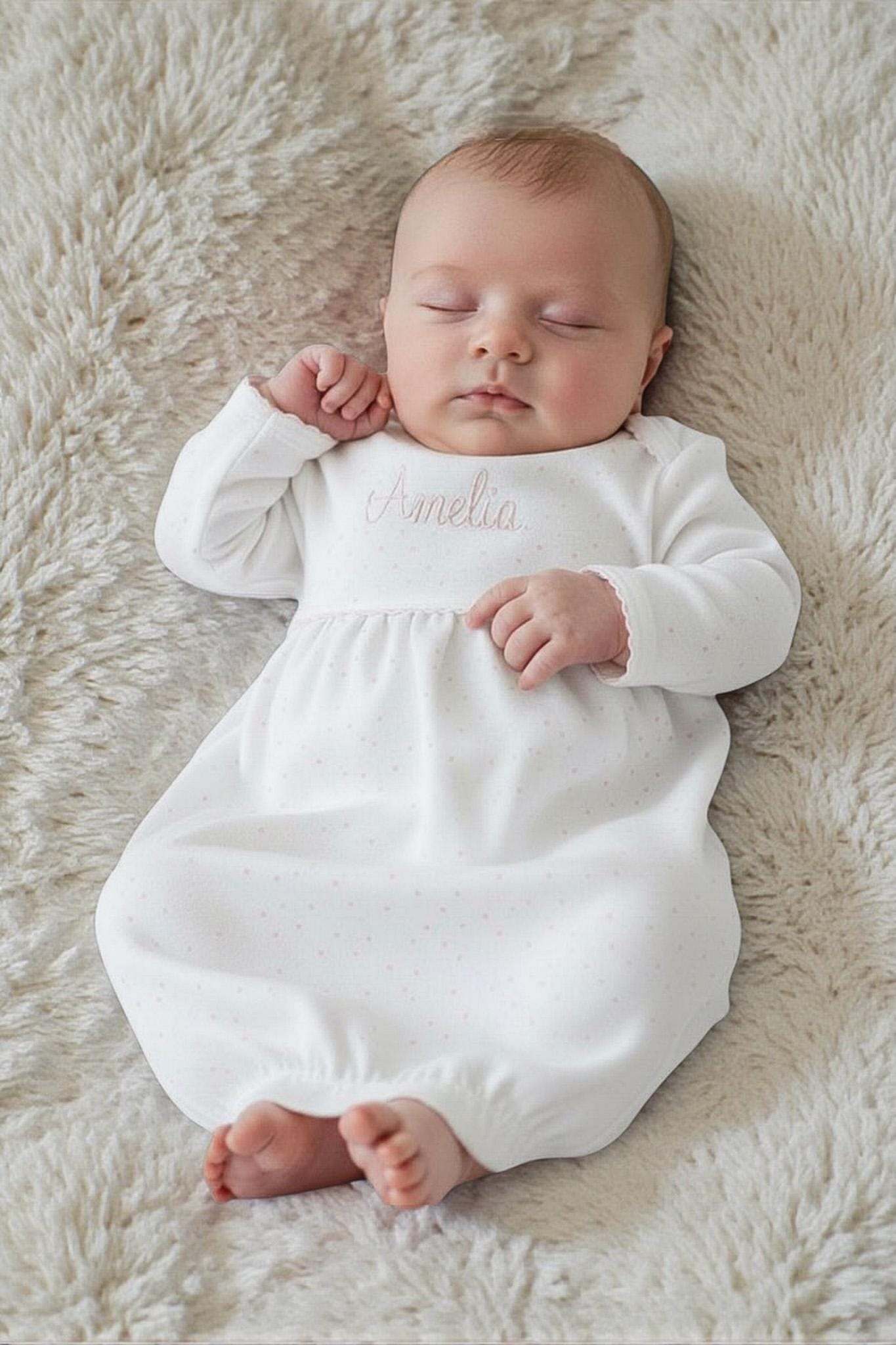 Pima Cotton Yoked Gown-Pink Dot-Baby Girl Coming Home Outfit-Pima Cotton Baby-Monogrammed Baby Gowns-Baby Girl Take home