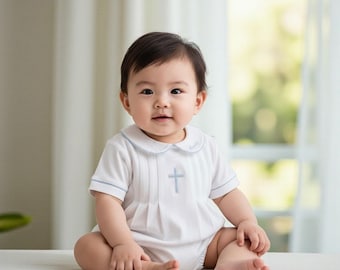 Pleated Pima Cotton Baptism Bubble-White with Blue Piping Bubble-Baptism Bubble-Classical Baby Clothes- Pima Cotton Baby-Pima Cotton Toddler