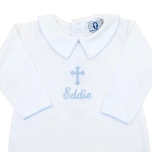 Hunter Baptism-White w Blue Trim-Boy Christening Outfit-Dedication Outfit-Baptism Footed-Personalized Baptism Outfit