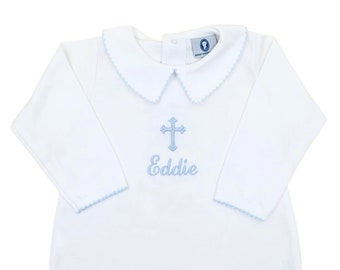 Hunter Baptism-White w Blue Trim-Boy Christening Outfit-Dedication Outfit-Baptism Footed-Personalized Baptism Outfit