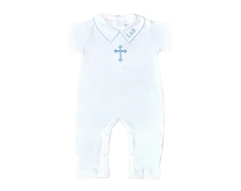 Collin Baptism Pima Cotton White w Blue Trim Romper-Monogramme Maison-Short Sleeve,Long Pants Outfit-Baptism Dedication Outfit-Baby Blessing
