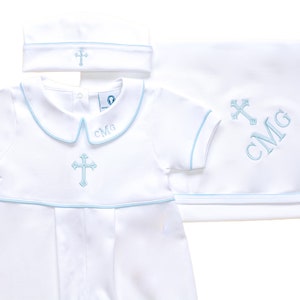 Kiran Baptism Outfit-White w Blue Trim-Short-Sleeve,Long Pant, No feet Dedication Outfit-Christening outfit-Pima Cotton Baby-Easter Outfit image 3