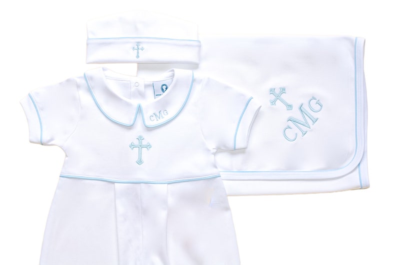 Kiran Baptism Outfit-White w Blue Trim-Short-Sleeve,Long Pant, No feet Dedication Outfit-Christening outfit-Pima Cotton Baby-Easter Outfit image 3