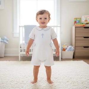 Pima Cotton Baptism Suit-Jon Jon and Matching Shirt-White with Blue Trim-Toddler Baptism Outfit-Classcial Boys Clothing-Blessing outfit