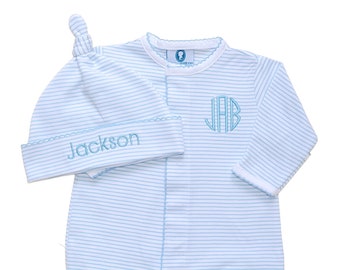 Pima Cotton Issac Front Snap Footie-Blue Striped-Boy Coming Home Outfit-Pima Cotton Baby-Personalized Romper-Footie-Take Home Outfit