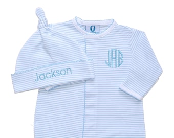 Baby Boy Coming Home Outfit-Pima Cotton Issac Front Snap Footie-Blue Striped-Pima Cotton Baby-Personalized Romper-Baby Shower gift