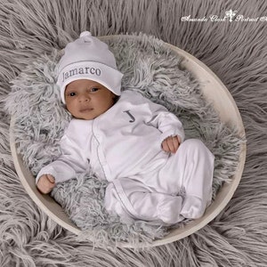 Pima Cotton Side Snap Footie-White with Gray Trim-Coming Home Outfit-Newborn Boy Coming Home-Pima Cotton Baby-Newborn Clothes-Unisex Baby image 3