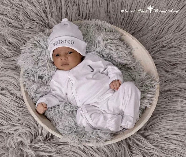 Pima Cotton Side Snap Footie-White with Gray Trim-Coming Home Outfit-Newborn Boy Coming Home-Pima Cotton Baby-Newborn Clothes-Unisex Baby image 3