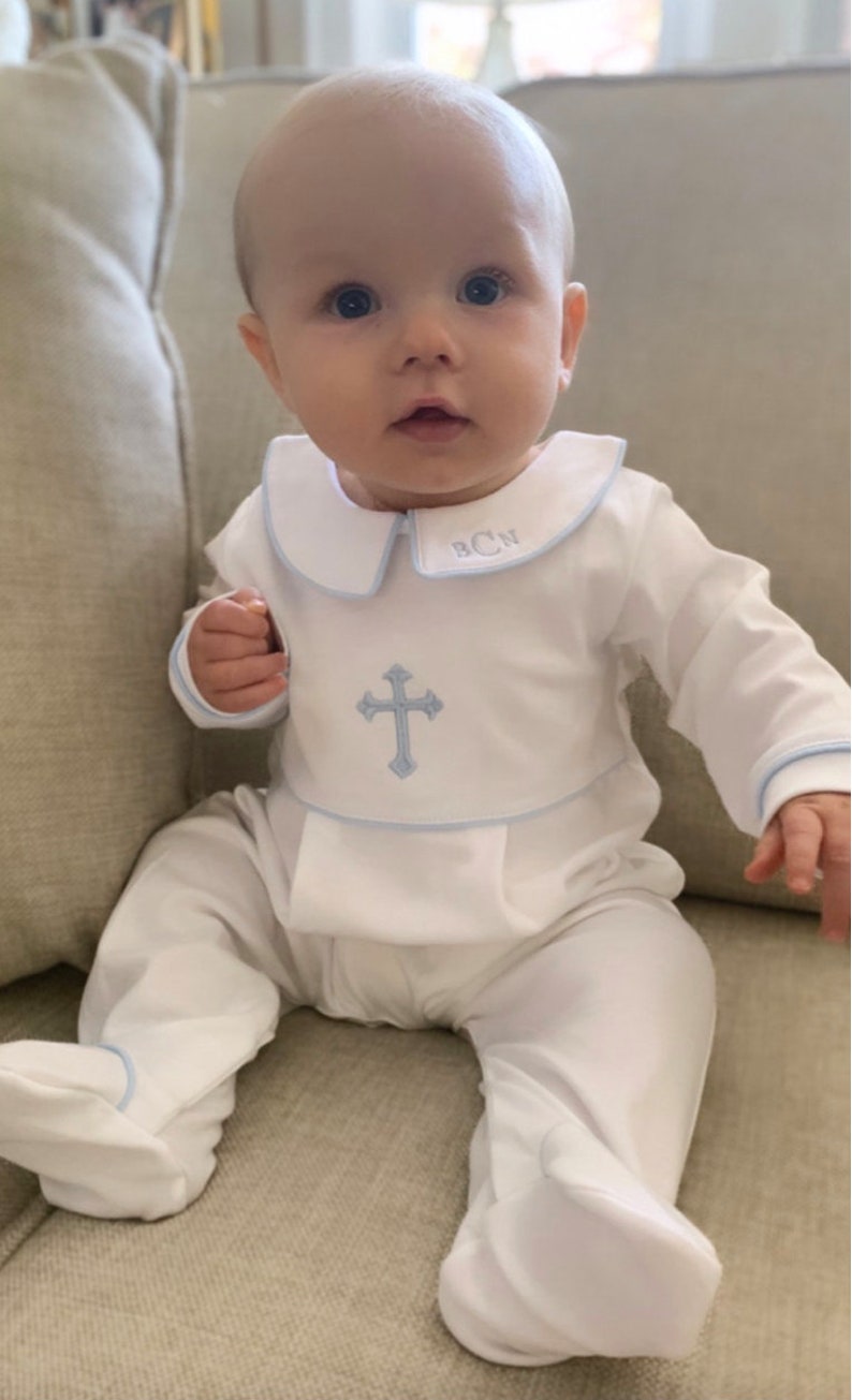 Luke Baptism Outfit-White w Blue Trim-Baby Boy Baptism Outfit-Baby Boy Christening-Pima Cotton baby-Baby Boy Blessing Outfit-Boy Baptism image 4