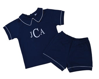 Navy w White Piping 2 Piece Pima Cotton Short Set-Pima Cotton Baby-Toddler-Easter-Wedding-Monogrammed Short Set-Matching Brother Outfit