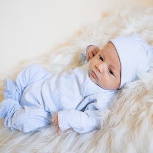 Baby Boy Coming Home Outfit-Pima Cotton Side Snap Footie- Blue with White Dots-Footed Romper-Pima Cotton Baby-Personalized Footie-Baby Gift