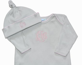 Pima Cotton Cotton- Gray with Pink Trim-Coming Home Outfit-Pima Cotton baby Gown-Baby Shower Gift-Personalized Baby Gown