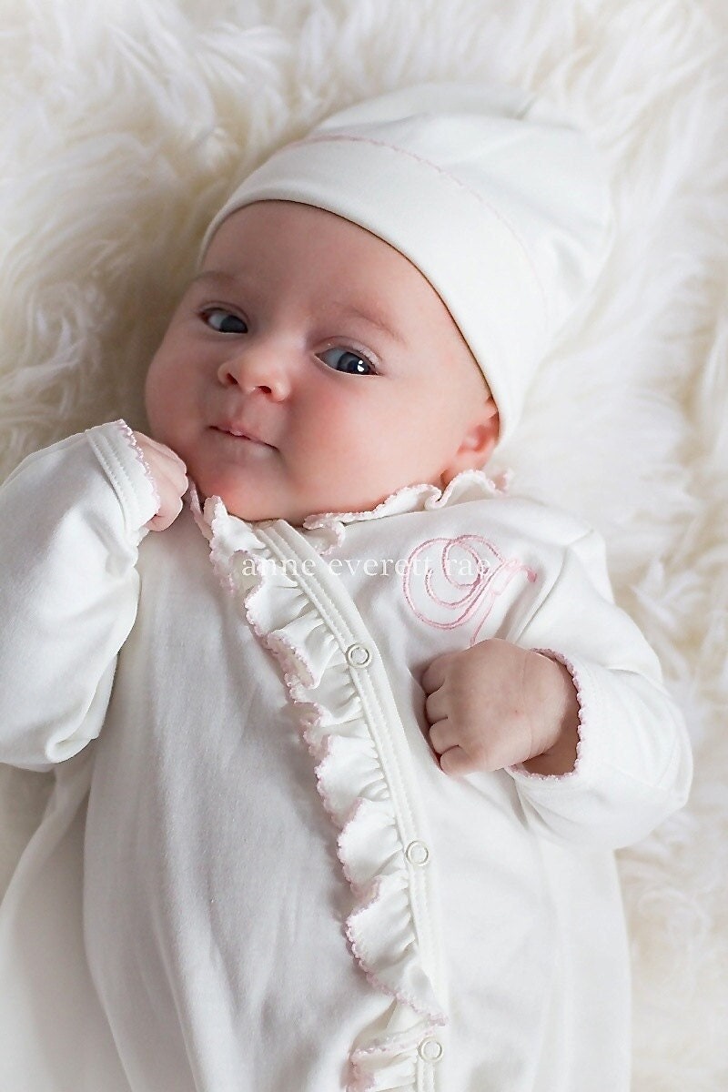 Ruffled Side Snap Pima Cotton Footie- Cream w Pink trim Baby Girl Coming Home Outfit, Pima Cotton Baby-Personalized Footie-Take Home Outfit