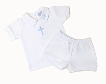 Baptism 2 Piece White/WhitePiping Pima Cotton Short Set-Pima Cotton Baby-Toddler Baptism-Easter-Monogrammed Short Set-Matching Brothers