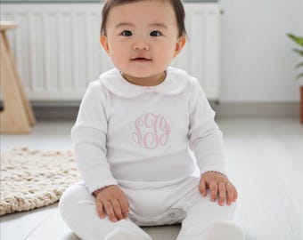 Amelia Pima Cotton White Footie w Pink trim Amelia Outfit-Baby Girl Coming Home Outfit-Baby Girl Clothes-Pima Cotton Baby-Southern Baby