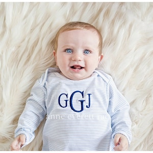 Baby Boy Coming Home Outfit-Pima Cotton Enveloped Neck Footie-Blue Striped-Monogrammed Romper-Personalized Baby-Pima Cotton Baby-Baby Shower