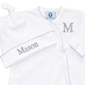 Pima Cotton Side Snap Footie-White with Gray Trim-Coming Home Outfit-Newborn Boy Coming Home-Pima Cotton Baby-Newborn Clothes-Unisex Baby image 4