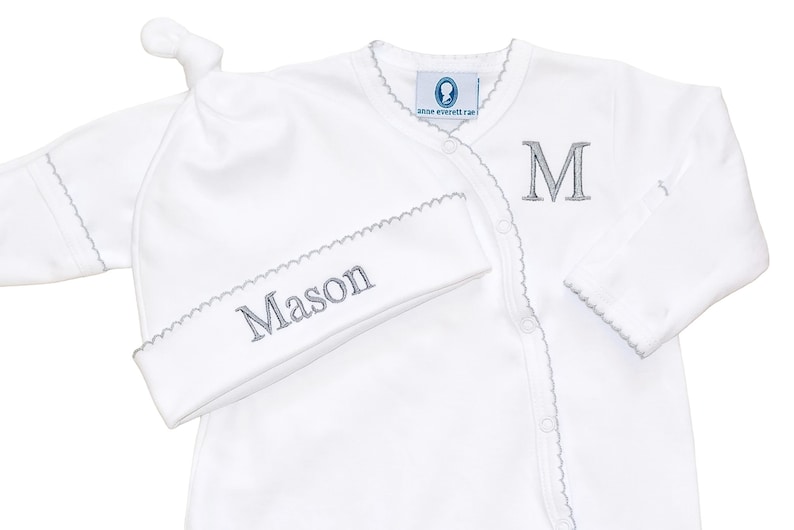 Pima Cotton Side Snap Footie-White with Gray Trim-Coming Home Outfit-Newborn Boy Coming Home-Pima Cotton Baby-Newborn Clothes-Unisex Baby image 4