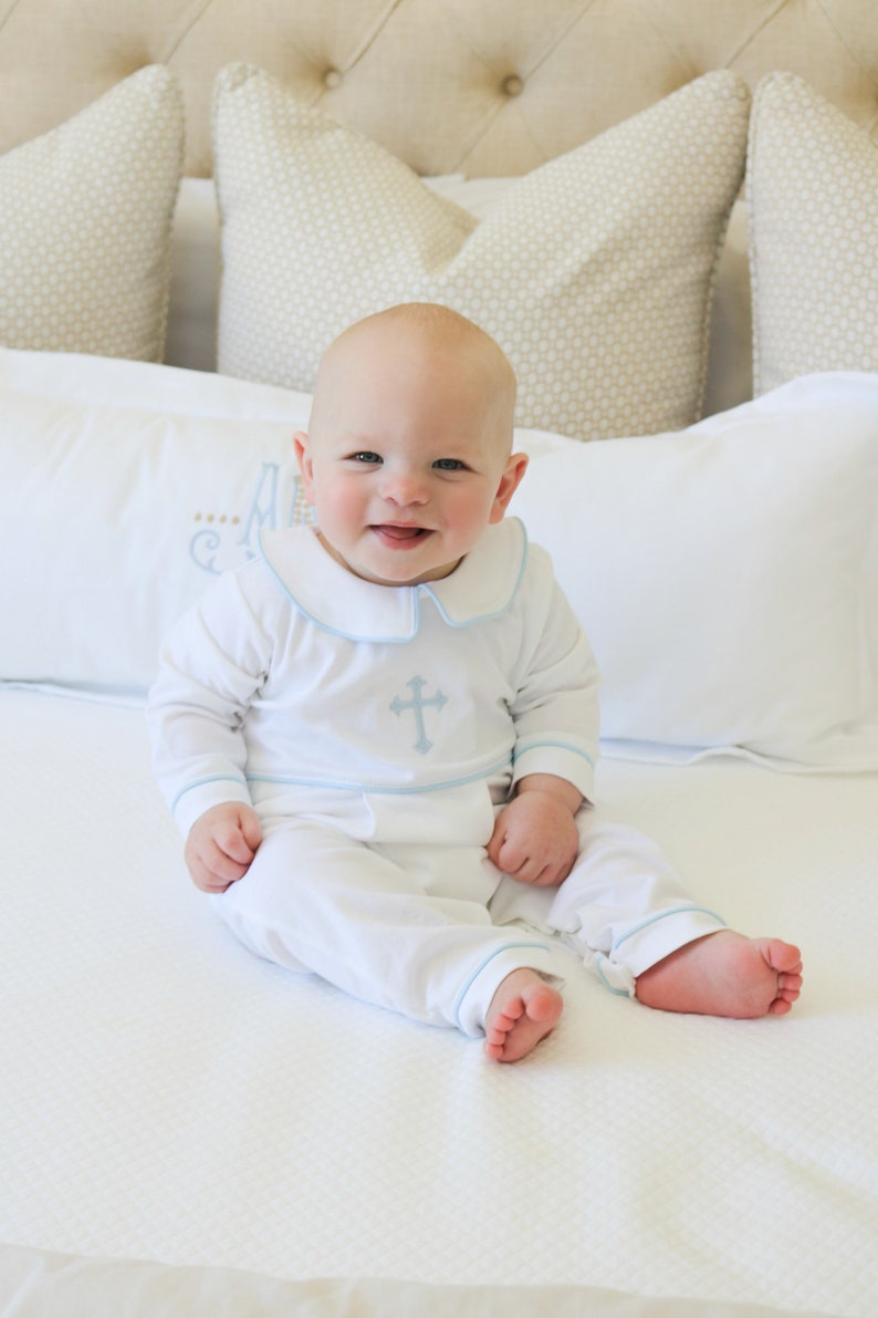 Luke Baptism Outfit-White w Blue Trim-Baby Boy Baptism Outfit-Baby Boy Christening-Pima Cotton baby-Baby Boy Blessing Outfit-Boy Baptism image 2