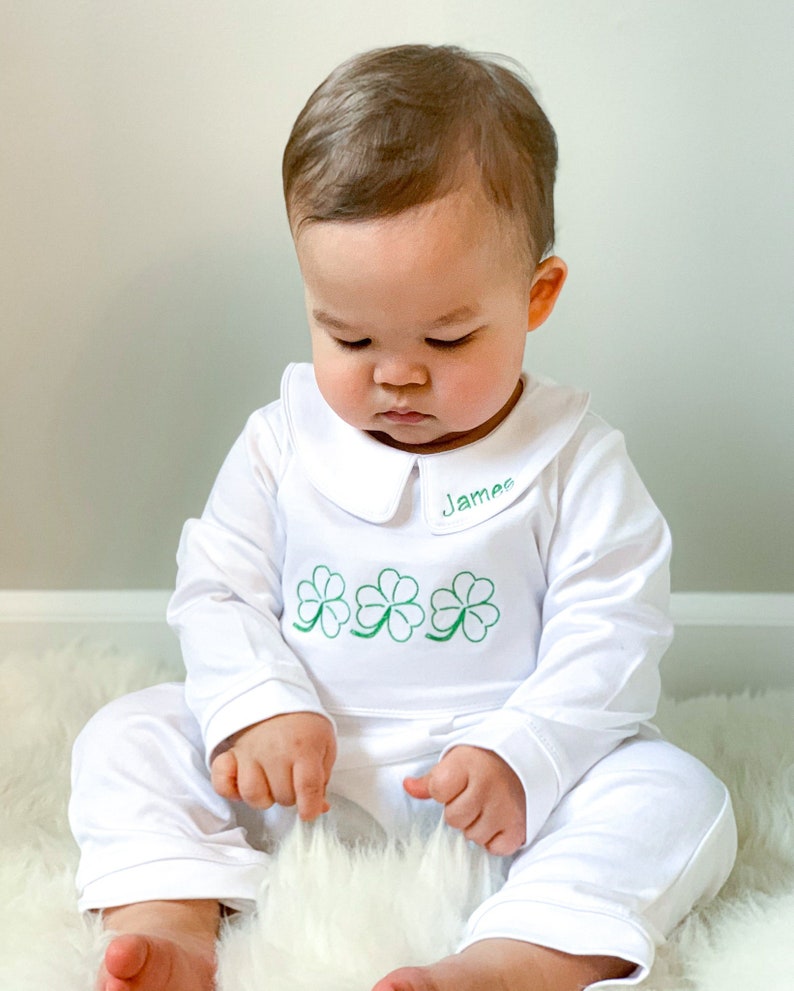 St. Patty's Shamrock Outline Coming Home Outfit-Newborn Coming Home Outfit-Pima Cotton Baby-Personalized Footed Romper-Take Home Outfit image 1