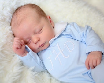 Hunter Pima Cotton Footie- Blue with White Collar-Baby Boy Home Coming outfit,Pima Cotton, Baby Boy, baby Shower Gift, Personalized Footie