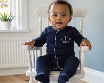 Navy w White Trim Pima Cotton Noah Front Snap Footie-Newborn Coming Home Outfit-Footed Romper-Pima-Personalized Romper
