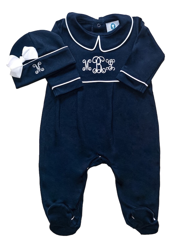 Velour Trim Blue/ Navy Footie & Bonnet Velour Trim Blue/ Navy Footie & Bonnet