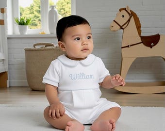 Aaron Pima Cotton Outfit- White With Blue Trim-Baby Boy Coming Home Outfit-Newborn Coming Home Outfit-Pima Cotton Baby-Baby Boy Clothes