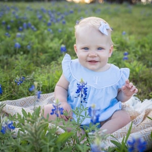 Angel Sleeve Pima Bubble- Blue with White Trim Summer Bubble-Pima Cotton Baby-Monogrammed Bubble-Monogrammed Baby girl-Take Home outfit
